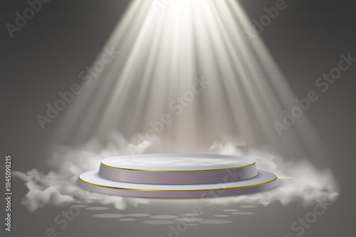 Podium stage with beams of light and fog. Vector illustration.