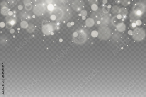 White sparkling stars, fairy dust and bokeh effect.