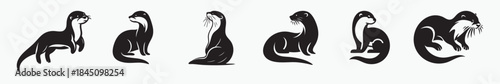 Set of six black otter silhouettes in different poses