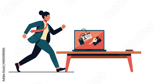 A business professional runs from a laptop showing personal identification, symbolizing the urgent threat of online data breaches and identity theft.