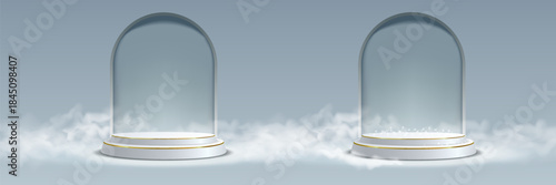 Luxury arched podium display with soft fog and golden trim.