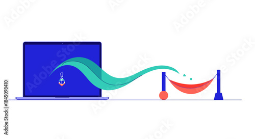 This vibrant illustration shows the seamless transition from digital work on a laptop to a tranquil hammock, symbolizing work-life balance and leisure.