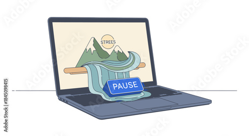 A blue pause button emerges from a laptop screen, stopping a flowing digital landscape, symbolizing a much-needed break from technology.