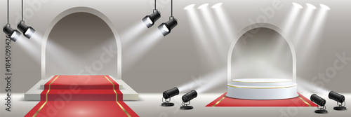 Collection of modern catwalks and stages with red carpet and spotlights.