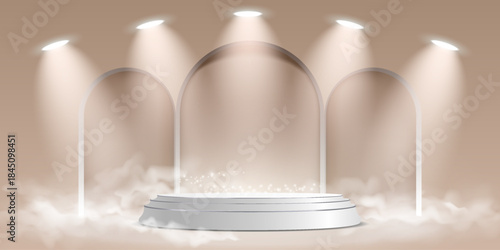 Elegant beige podium with arches and soft lights.