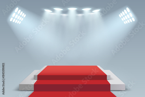 Red carpet podium with stage spotlights and award ceremony background.