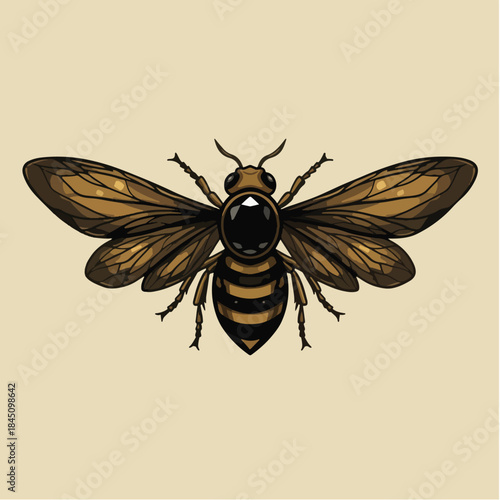 Detailed Illustration of a Honey Bee with Translucent Wings.