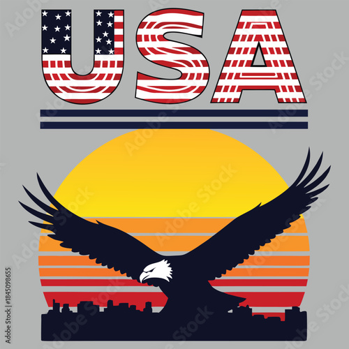USA Bald Eagle Silhouette with Sunset and American Flag Typography  Patriotic Freedom and Independence Day Design