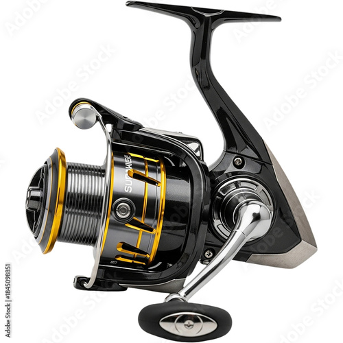 Modern spinning fishing reel with metallic details isolated on transparent background perfect for angling sport fishing equipment outdoor recreation and professional gear display