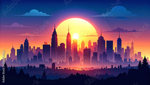 Stylized vector art illustration of a vibrant city skyline at sunset with towering skyscrapers silhouetted against a colorful sky.
