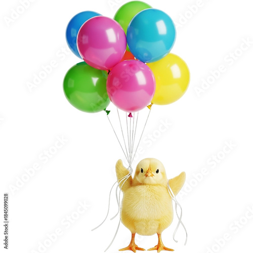 Cute yellow chick holding colorful balloons creating a joyful playful scene perfect for celebration birthday greeting children design festive themes and cheerful illustration concepts