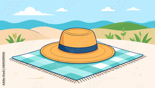 A straw hat with a blue band on a checkered blanket on a sandy beach with ocean and hills in the background.