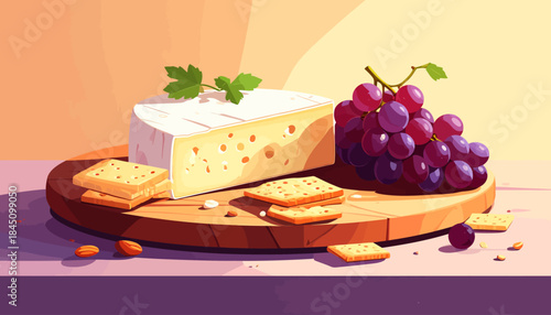 A delicious cheese board featuring a wedge of soft cheese, red grapes, crackers, and almonds on a wooden platter.