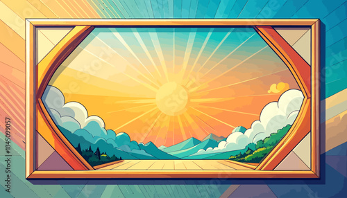 A vibrant, stylized illustration of a sunny landscape with radiating sun, fluffy clouds, distant mountains, and a clear foreground, all framed by an ornate border.