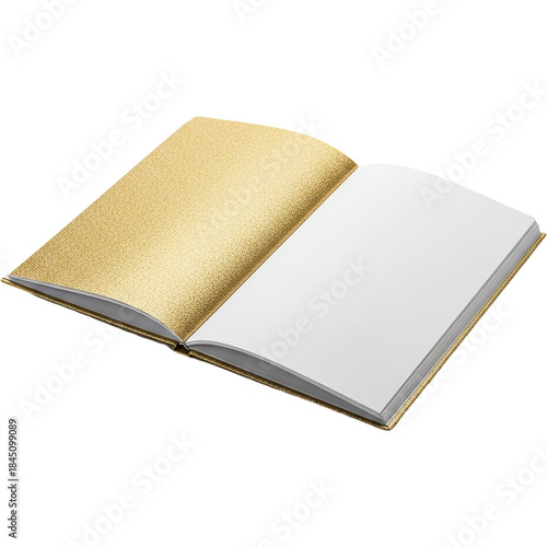 Open notebook with elegant gold cover and blank white pages displayed in minimal style ideal for writing journaling education planning concepts and clean stationery product presentation