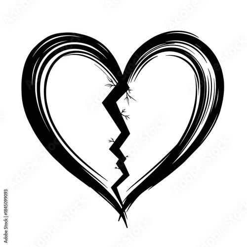 Broken heart line art with crack, symbol of heartbreak and emotional pain