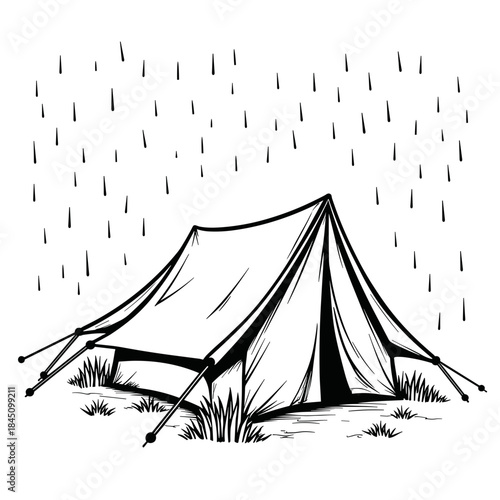 Raindrops on tent roof in summer storm, camping and outdoor adventure in rainy weather