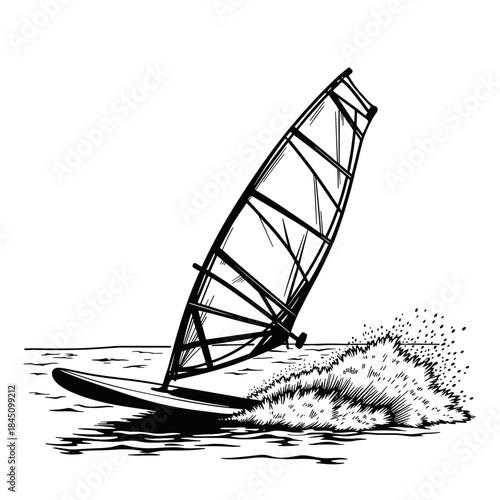 Windsurfing board gliding over waves, outdoor water sport and adventure concept