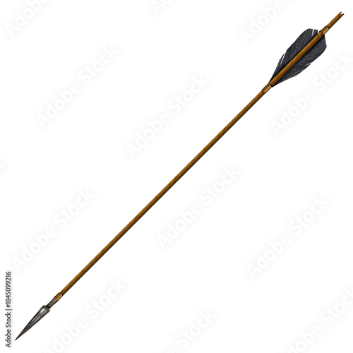 Ancient wooden arrow with feather fletching isolated on transparent background