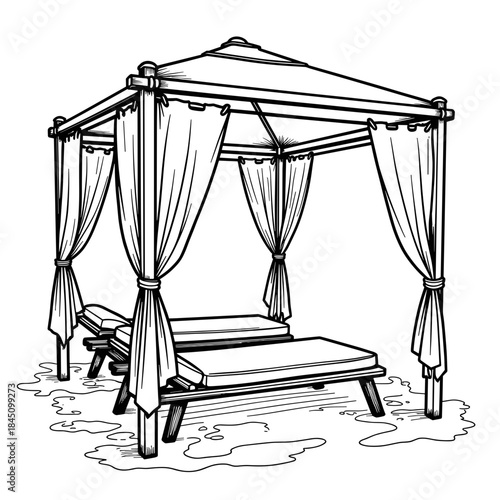 Beach cabana line art with fluttering curtains, summer relaxation and vacation illustration