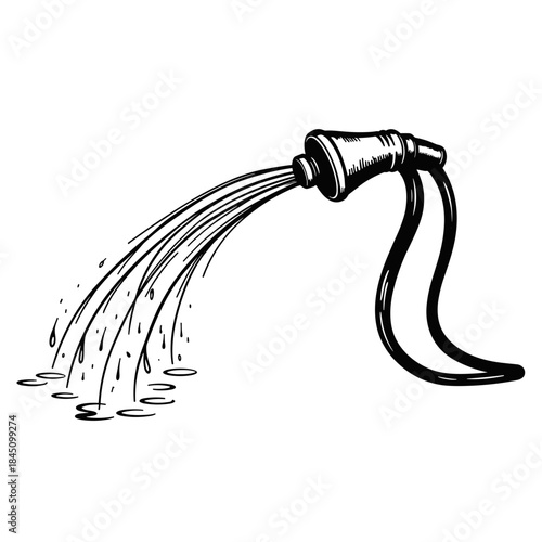 Line Art of Garden Hose Spraying Water, irrigation and gardening tool in home maintenance