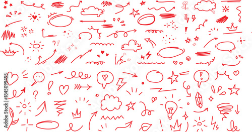 abstract doodle lines scribble collection of hand-drawn, red element  isolated on a white background