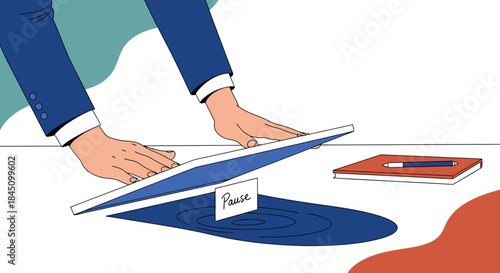 An illustration shows a professional closing a laptop with a 'Pause' sign, symbolizing a deliberate break from digital work and the importance of mental rest.