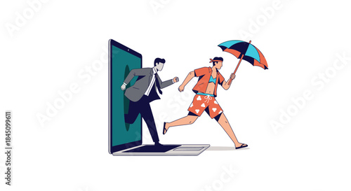 A determined businessman emerges from a laptop screen, pursuing a carefree individual ready for a summer vacation with an umbrella in hand.