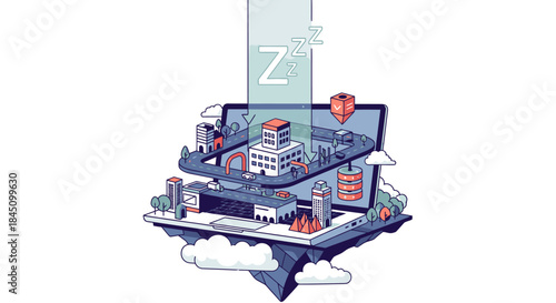 Digital city on a floating island with buildings, roads, and a sleeping icon, representing technology and dreams