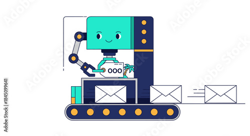 Cute robot machine producing and sending envelopes on a conveyor belt, cartoon illustration