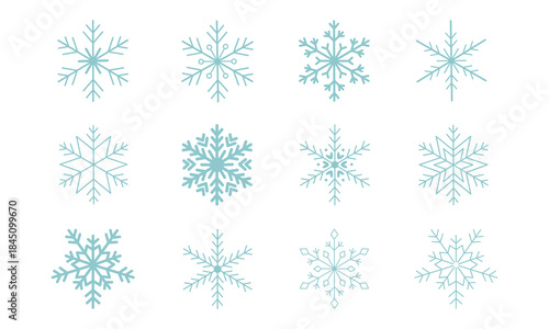 Blue snowflake crystals clipart set. Winter snow flakes silhouette. Christmas holiday decorations, snowy ornaments different shapes.