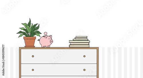 Minimalist interior scene with a piggy bank, a stack of books, and a potted plant on a modern dresser with copy space.