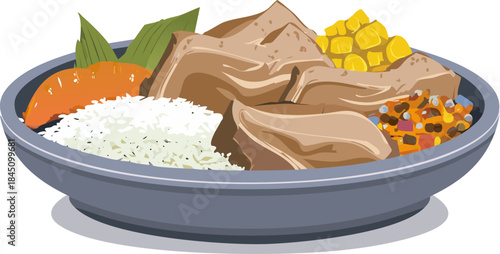 Vietnamese cuisine illustration featuring cơm tấm and braised pork belly in modern vector style.
