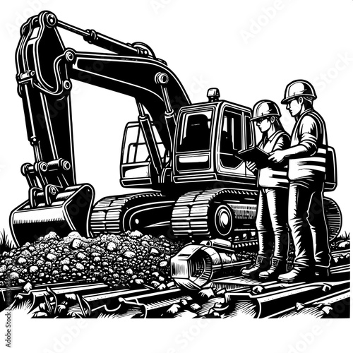 Excavator Digging with Two Workers