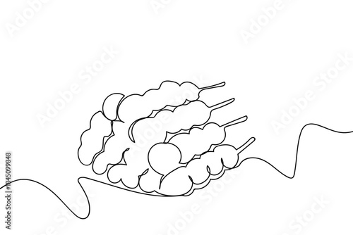 A single continuous line of meatballs on multiple skewers. one line drawn. linear concept. Editable stroke.