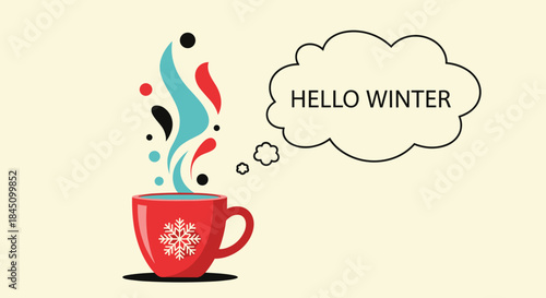 Cozy 'Hello Winter' illustration featuring a red mug with a snowflake, colorful steam, and a thought bubble with text.
