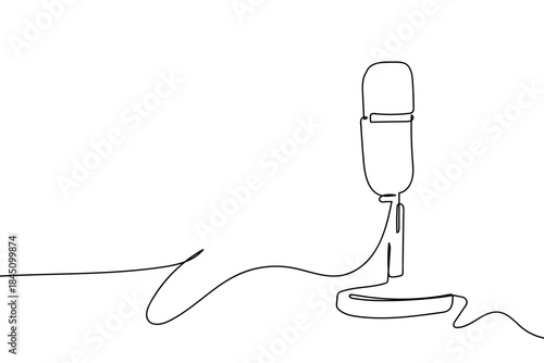 A single, continuous wire holds a microphone on a stand placed on a table. one line drawn. linear concept. Editable stroke.