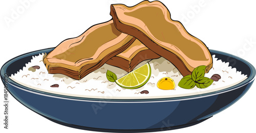 Vietnamese comfort food illustration of broken rice with braised pork belly, ideal for cultural and food literacy projects.
