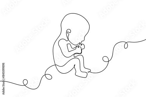 A single continuous strand of tissue in a human embryo in the womb. one line drawn. linear concept. Editable stroke.