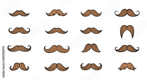 Large collection of sixteen different styles of brown pixel art mustaches isolated on a clean white vector background.