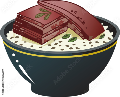 Vietnamese broken rice bowl with braised pork belly illustration, celebrating traditional cuisine, cultural heritage, and everyday food education.
