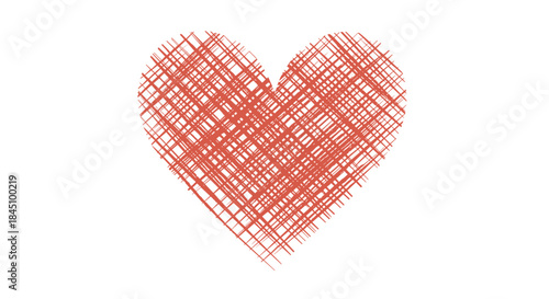 Abstract illustration of a heart shape filled with a dense crosshatch scribble pattern in a terracotta red color.