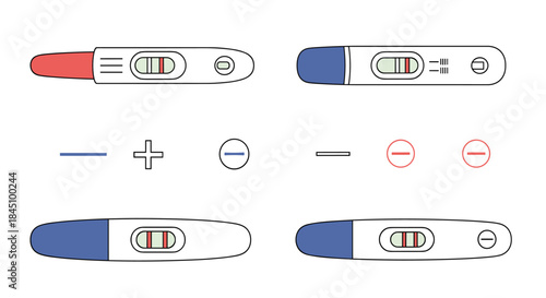 Set of various pregnancy test illustrations, showing both positive and negative results with plus and minus symbols.