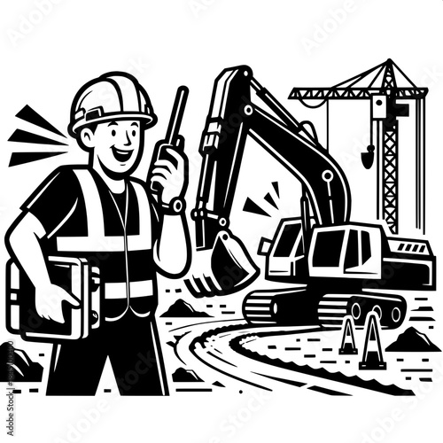 Excavator and Worker Using Walkie-Talkie