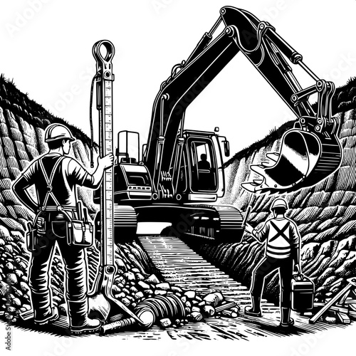 Excavator Digging Trench with Workers