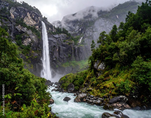 Dramatic waterfall cascades amidst towering cliffs, river below