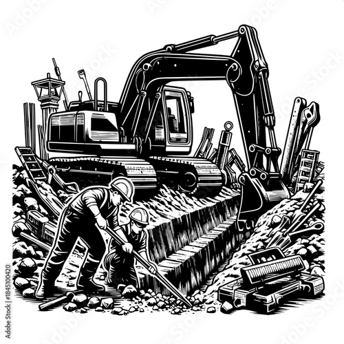 Excavator Digging Trench with Workers