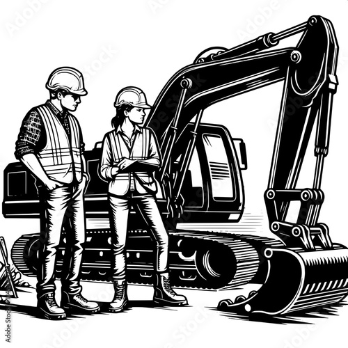 Excavator Digging with Two Workers