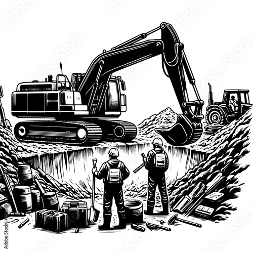 Excavator Digging Trench with Workers
