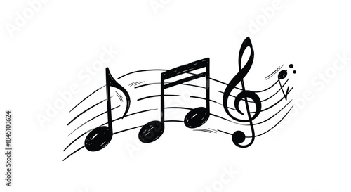 Artistic hand-drawn illustration of musical notes and a treble clef on a flowing staff, rendered in a black sketch style.
